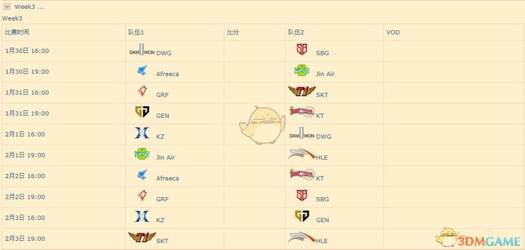 《LOL》2019LCK春季赛第三周赛程