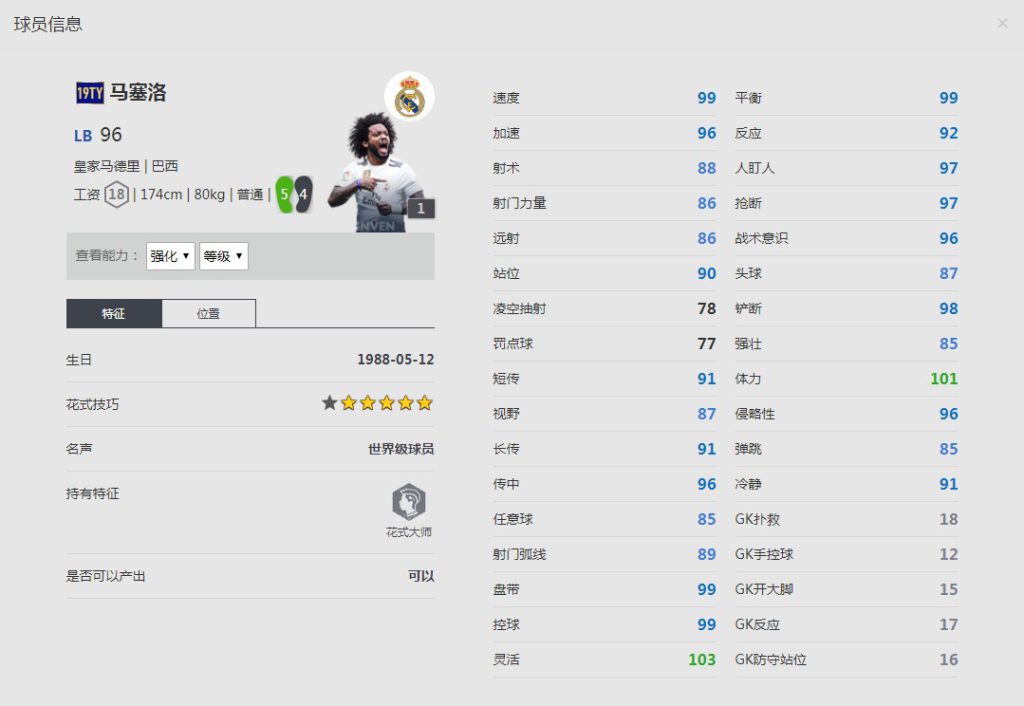《FIFA online4》马塞洛详细数据一览