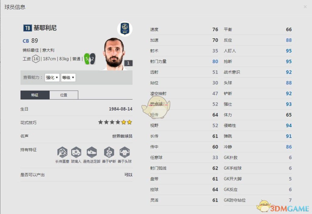 《FIFA online4》奥吉奥·基耶利尼球员信息