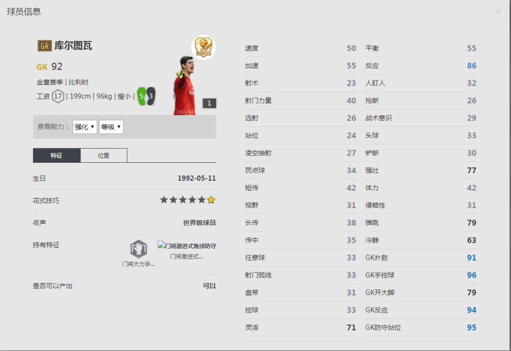 《FIFA online4》库尔图瓦球员信息