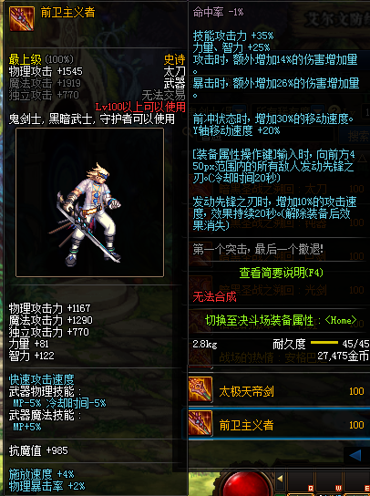 《DNF》100前卫主义者属性提升一览